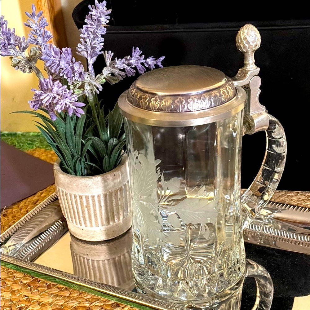 Zinn, Crystal Stein Mug with Etched Leaf Floral Pattern, West Germany